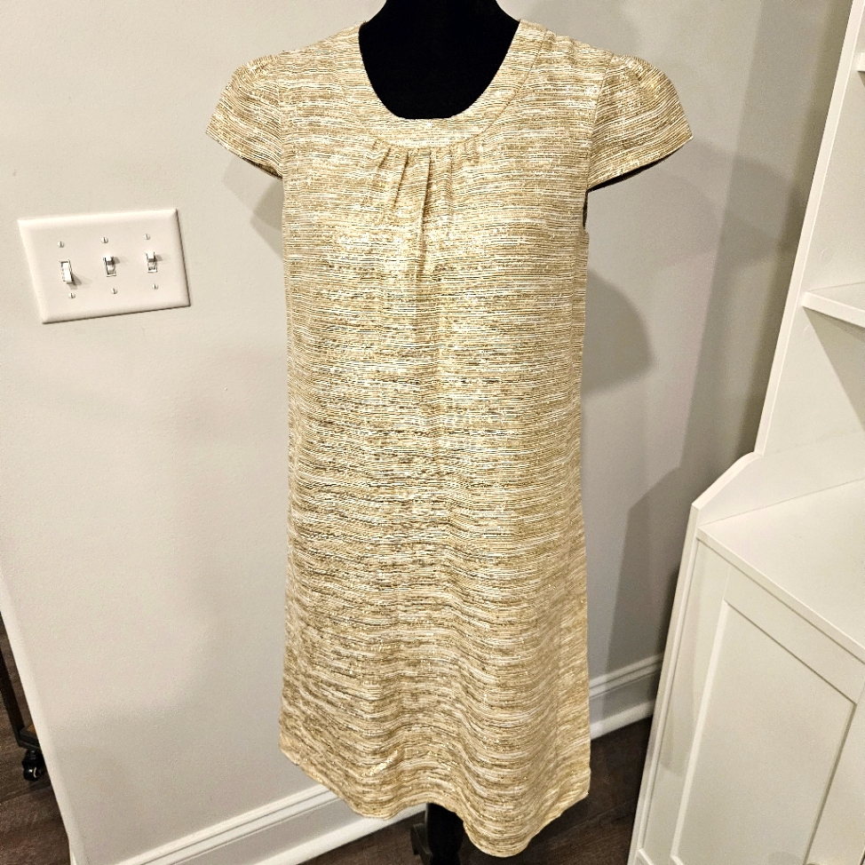 Kate Spade Dorothy Shift Dress Size 0 Starlight Gold Tweed Bow Event Formal Silk